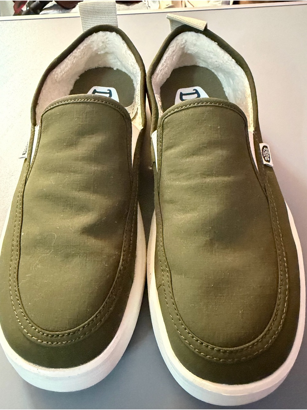 Hey Dudes Men's Olive Slip-On Canvas Shoes with White Sole